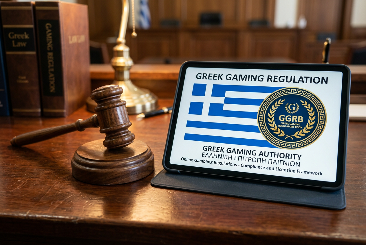 Legal symbols representing the regulation of gambling in Greece.