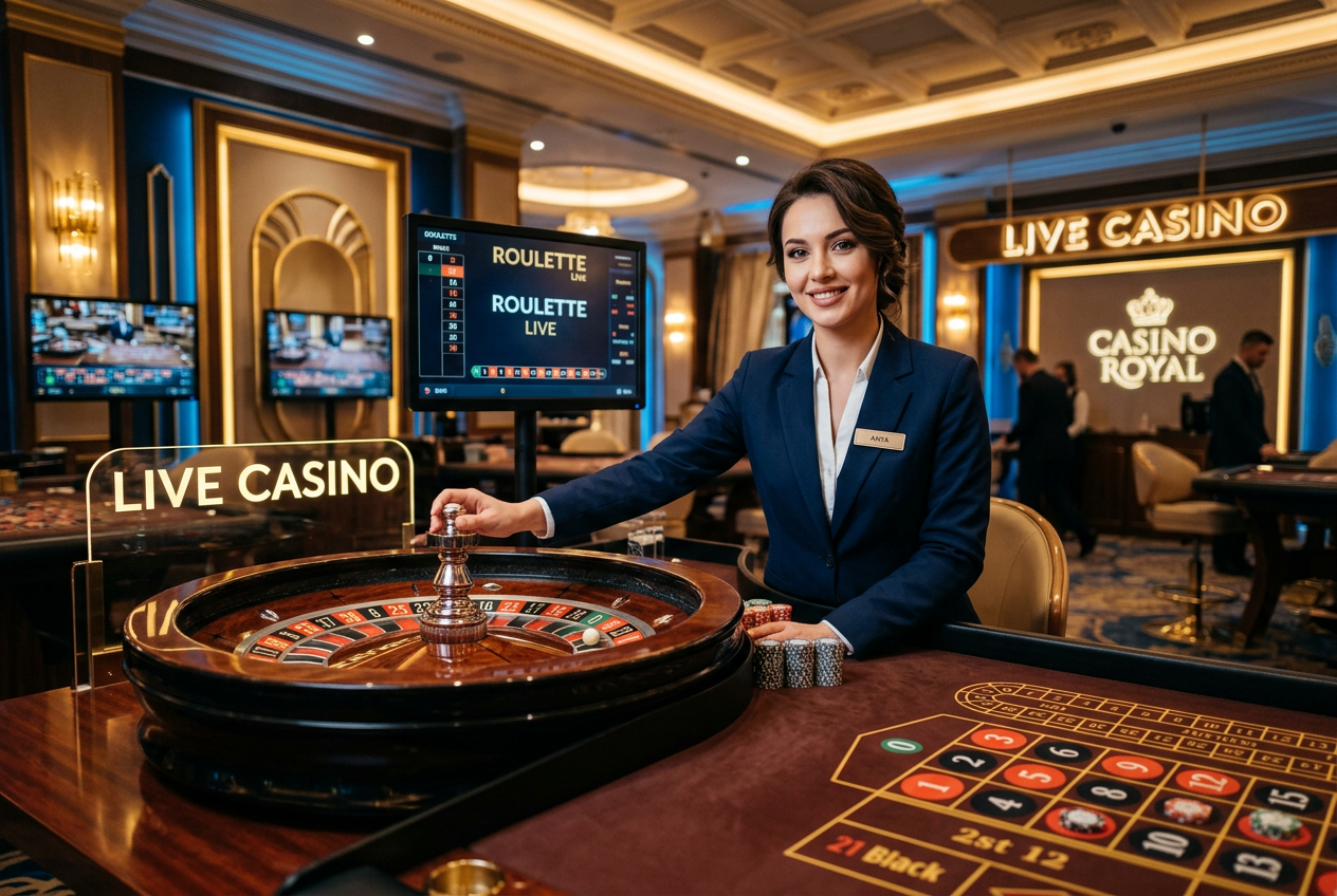 A high-end live casino studio with a professional dealer.