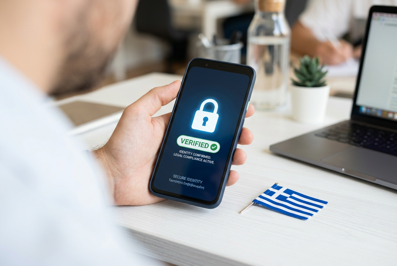 Ψηφιακή απεικόνιση ασφάλειας με την ελληνική σημαία και ένα λουκέτο σε οθόνη κινητού.