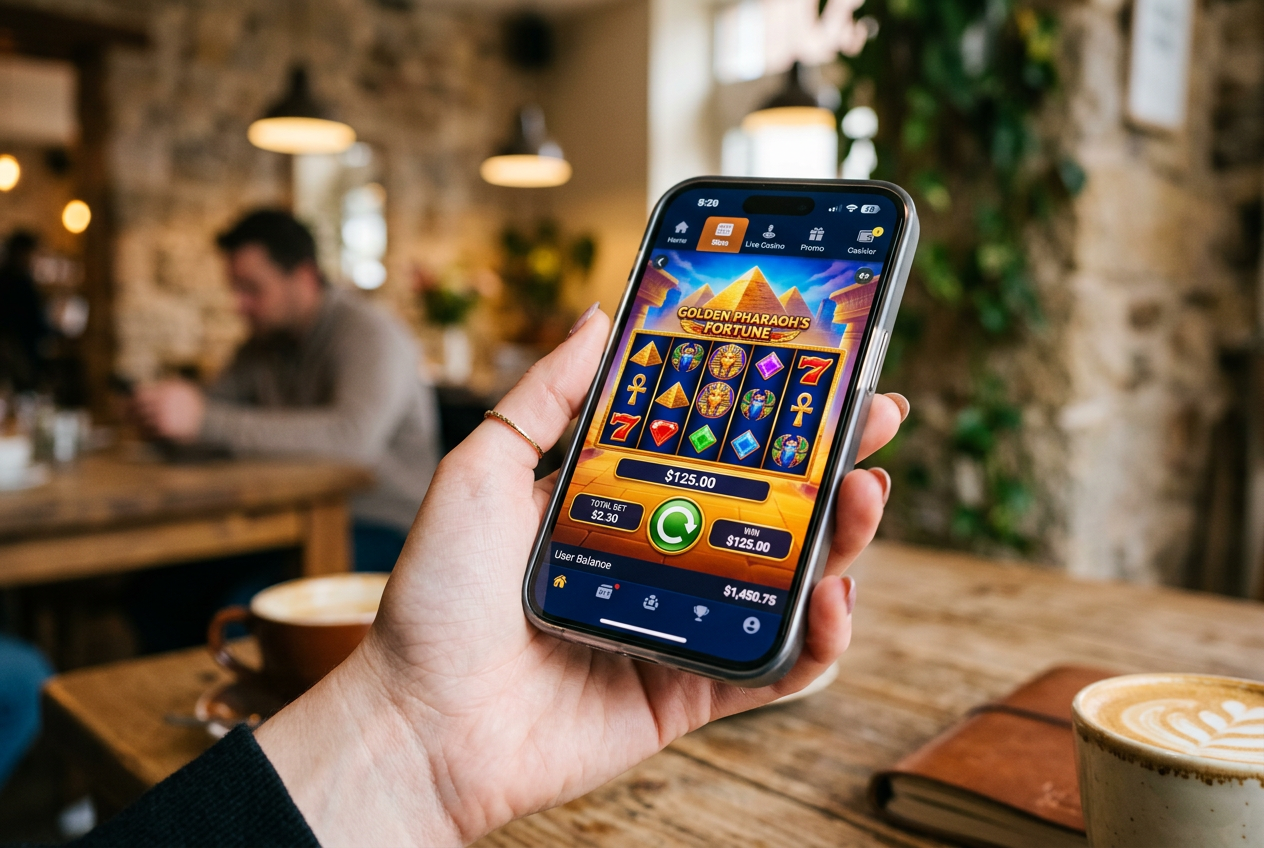 Ένα χέρι που κρατά ένα smartphone με γραφικά καζίνο σε φωτεινή οθόνη.
