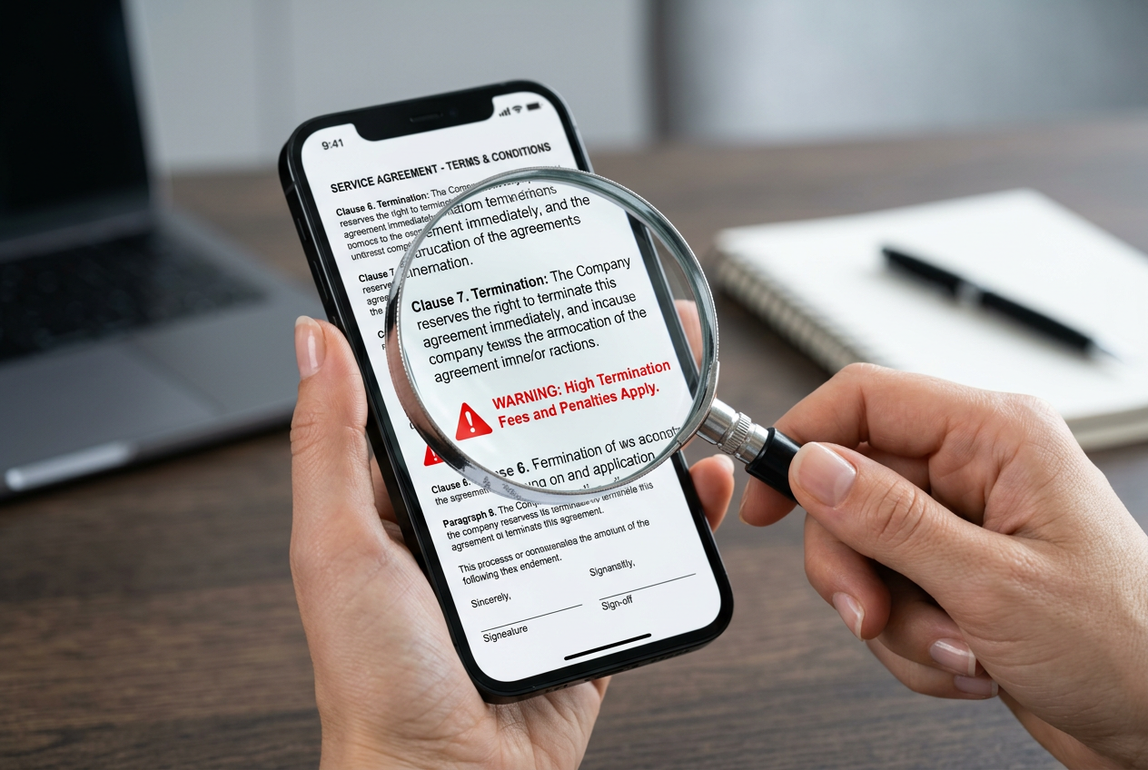 A magnifying glass examining digital terms and conditions on a smartphone