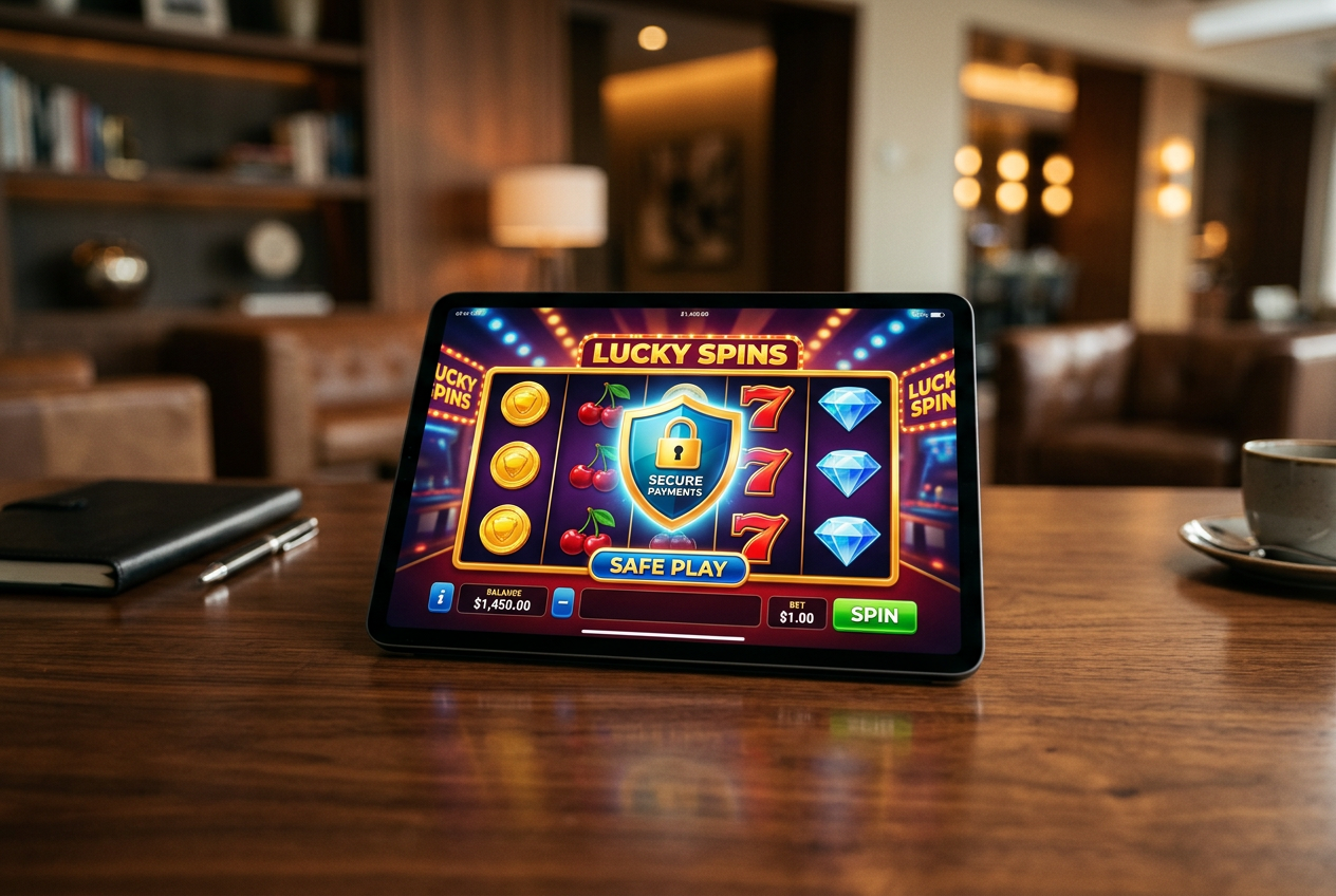 A tablet showing online casino games and a digital security shield